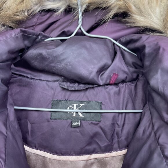Calvin Klein Down Jacket Puffer Coat Brown w Removable Hood & Fur Trim Sz XL ** - Picture 7 of 16